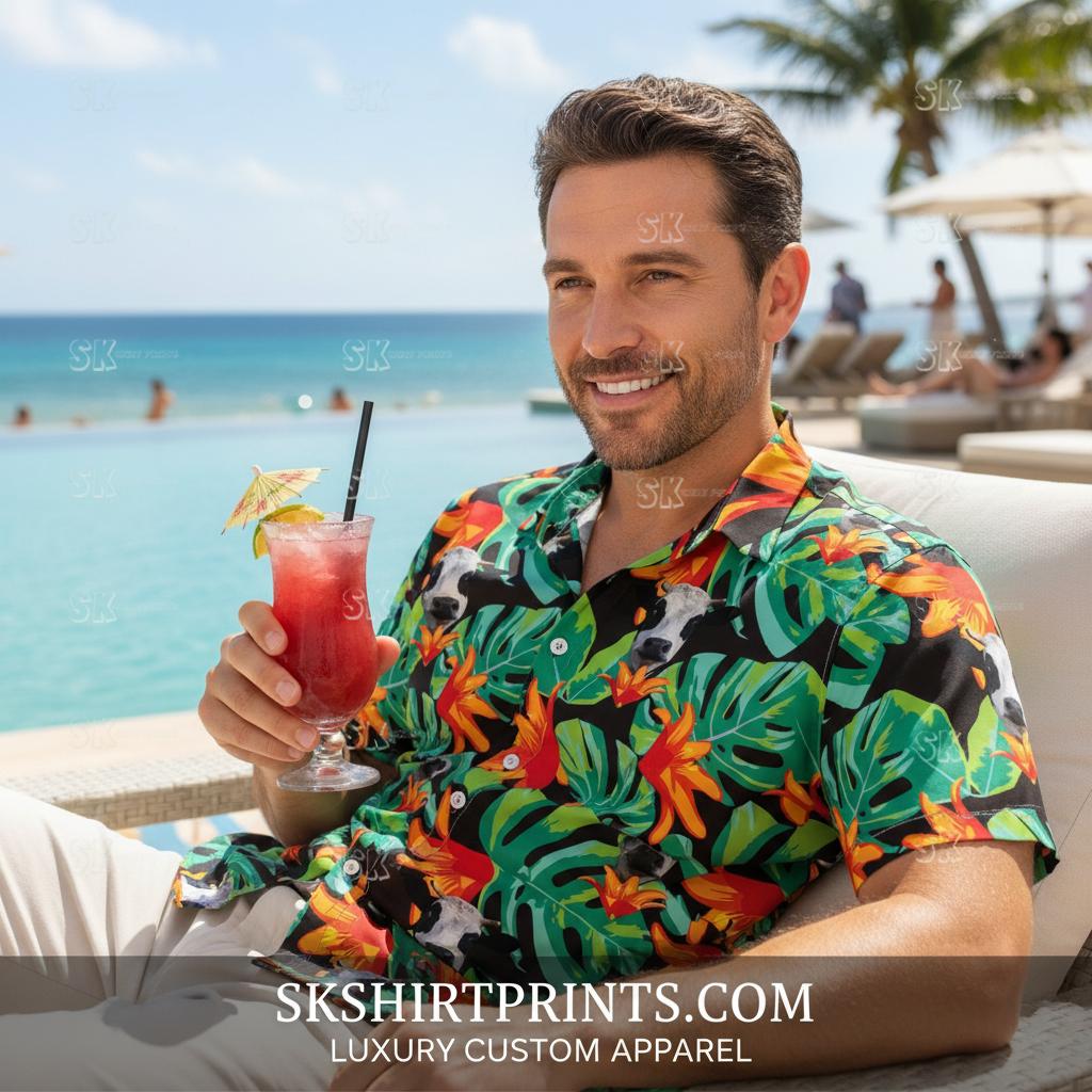 Premium cow print shirt mens Hawaiian style worn casually showing quality construction and versatile styling