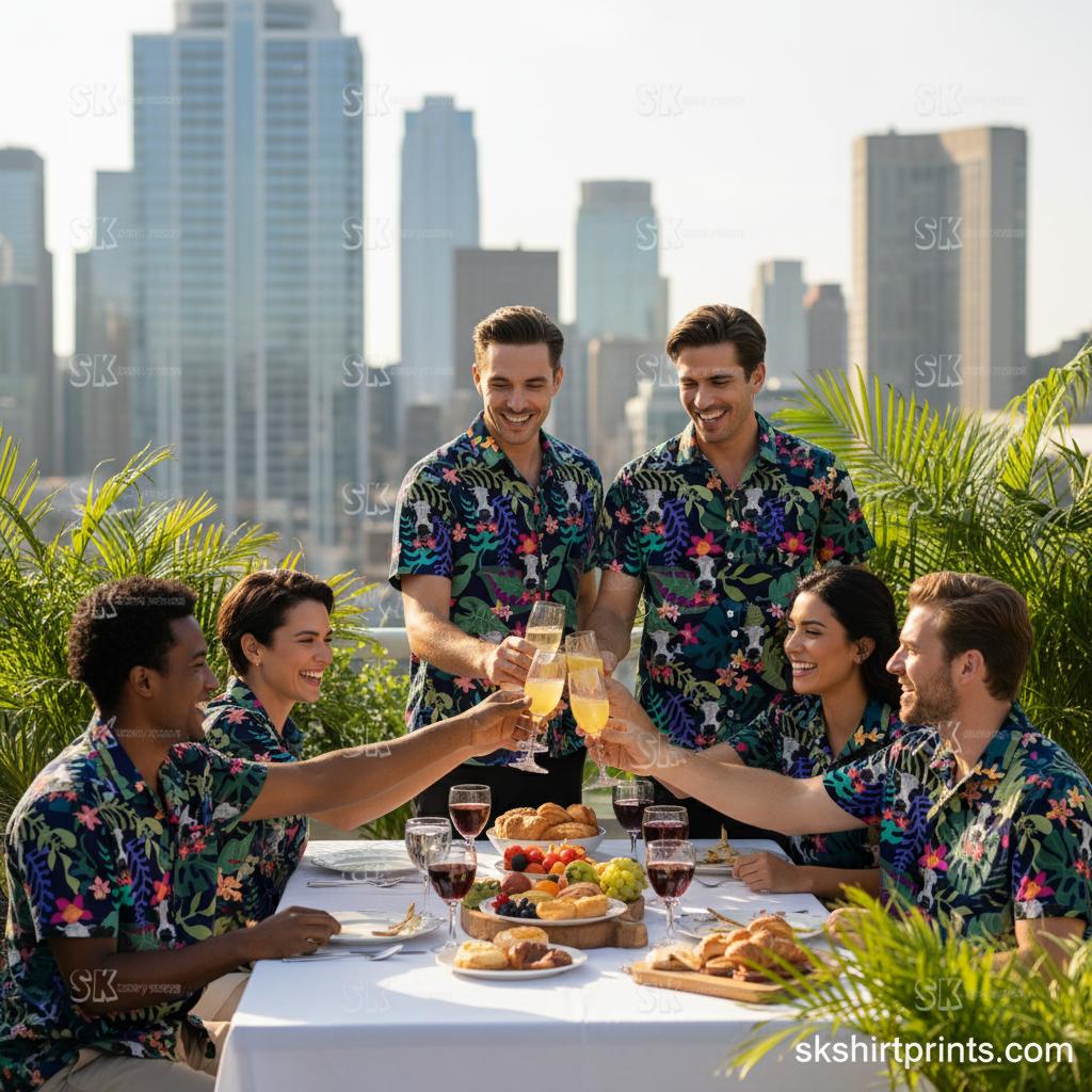 Person wearing stylish cow print Hawaiian shirt shopping at local store