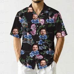 Custom Hawaiian shirt with black dog and person face, flowers, moths on black fabric