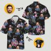 Custom Hawaiian shirt with dog and man faces, tropical flowers, green leaves, and butterflies