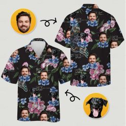 Custom Hawaiian shirt with dog and man faces, tropical flowers, green leaves, and butterflies