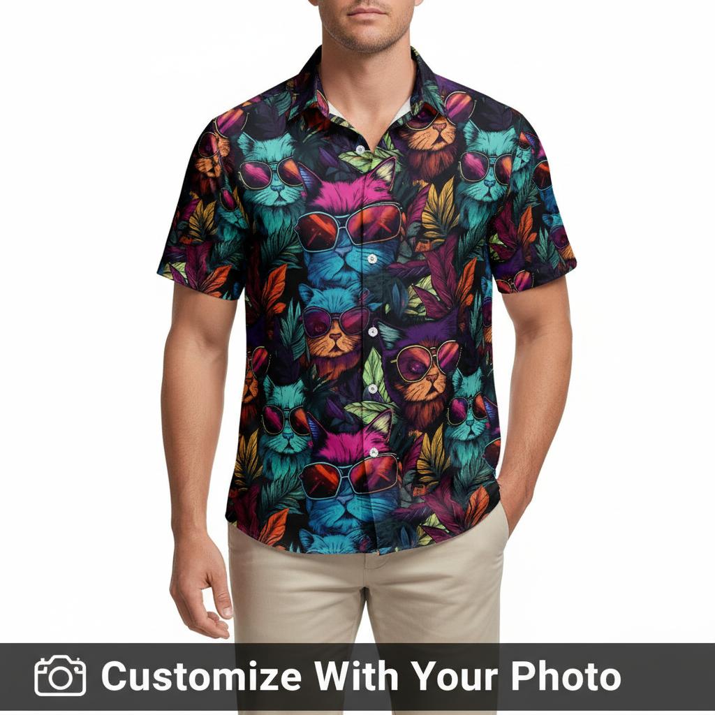 men's Hawaiian cat shirt featuring cats in sunglasses and bright tropical leaves at sunset