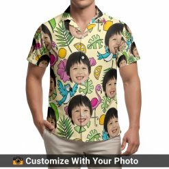 Men's Hawaiian shirt with colorful faces, pink flamingos, birds, and citrus slices at the beach