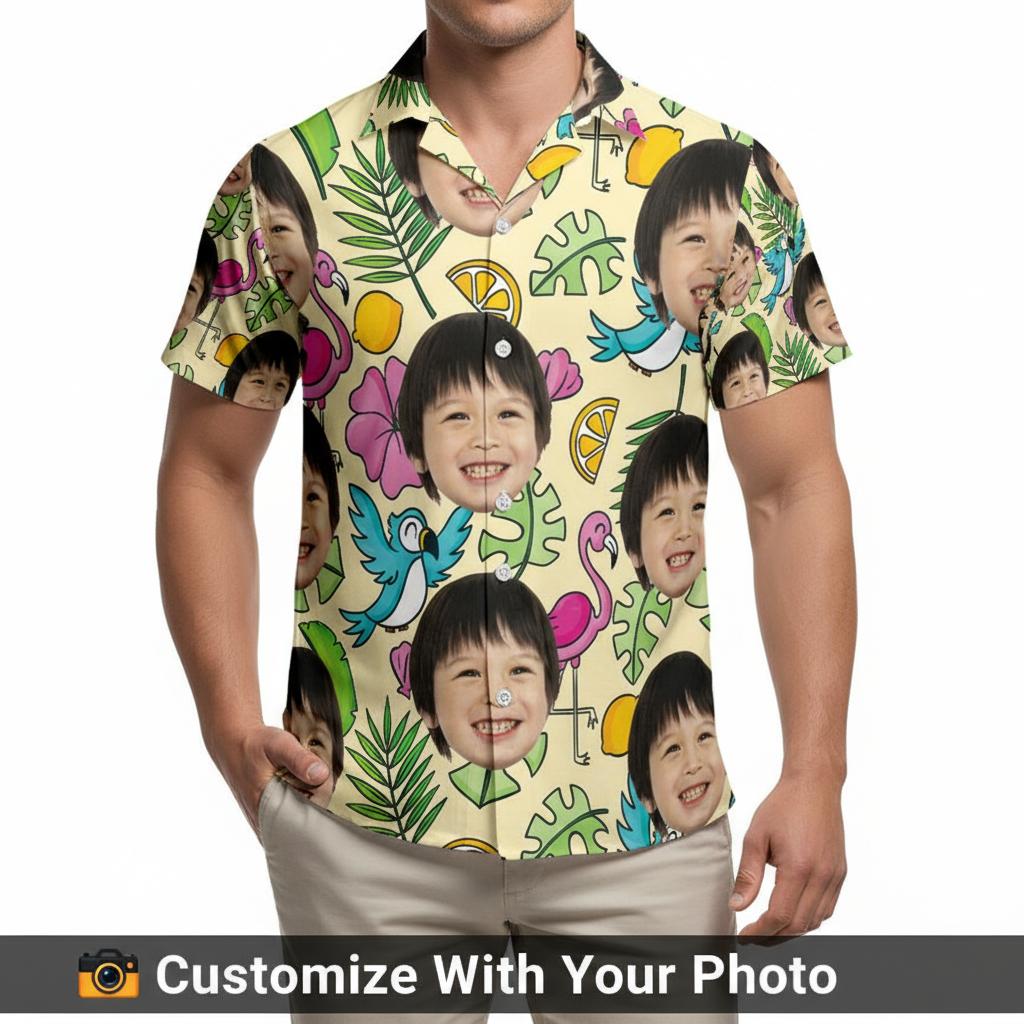 Men's Hawaiian shirt with colorful faces, pink flamingos, birds, and citrus slices at the beach