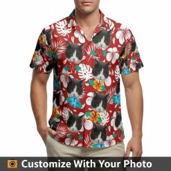 Men's Hawaiian shirt with cat face design, red base, tropical floral pattern, worn at beach