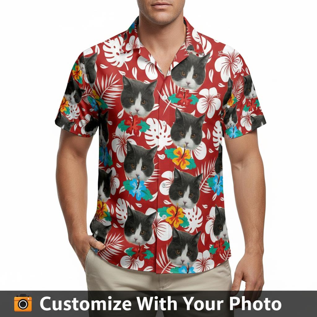 Men's Hawaiian shirt with cat face design, red base, tropical floral pattern, worn at beach