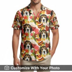 Personalized dog Hawaiian shirt for men decorated with dog faces, tropical flowers, and fruits