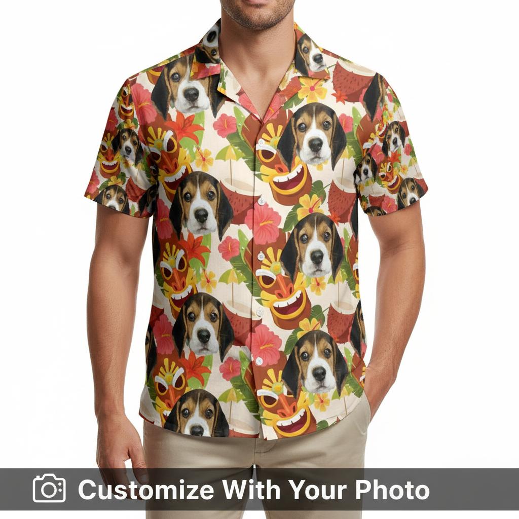 Personalized dog Hawaiian shirt for men decorated with dog faces, tropical flowers, and fruits