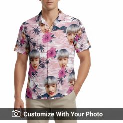 Custom Hawaiian shirt with face pattern for men, artistic pink and white design, hibiscus flowers, black palms, sunset lounge