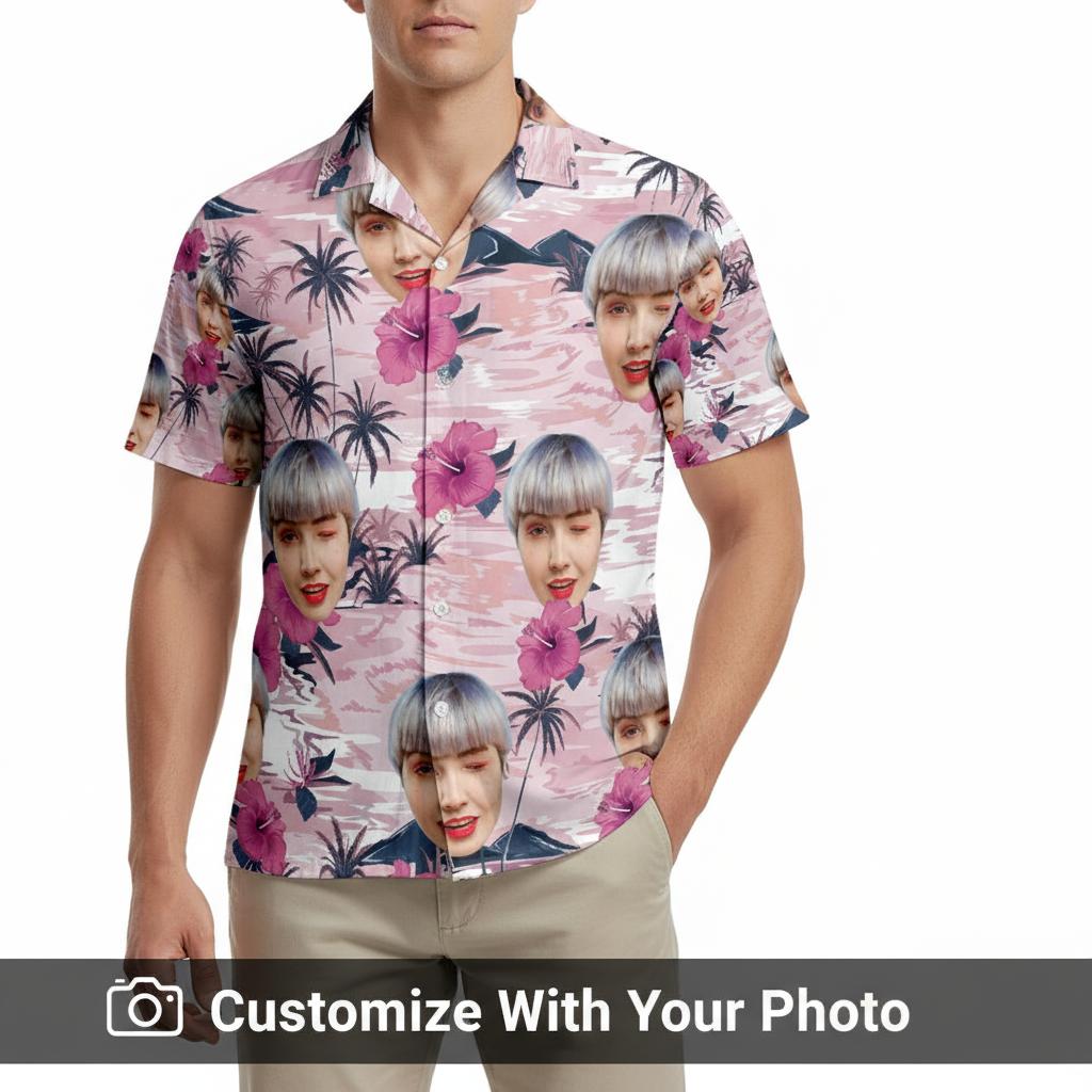 Custom Hawaiian shirt with face pattern for men, artistic pink and white design, hibiscus flowers, black palms, sunset lounge