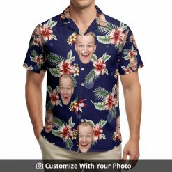 Custom Hawaiian shirts for men with bold red hibiscus flowers, palm leaves, and happy faces