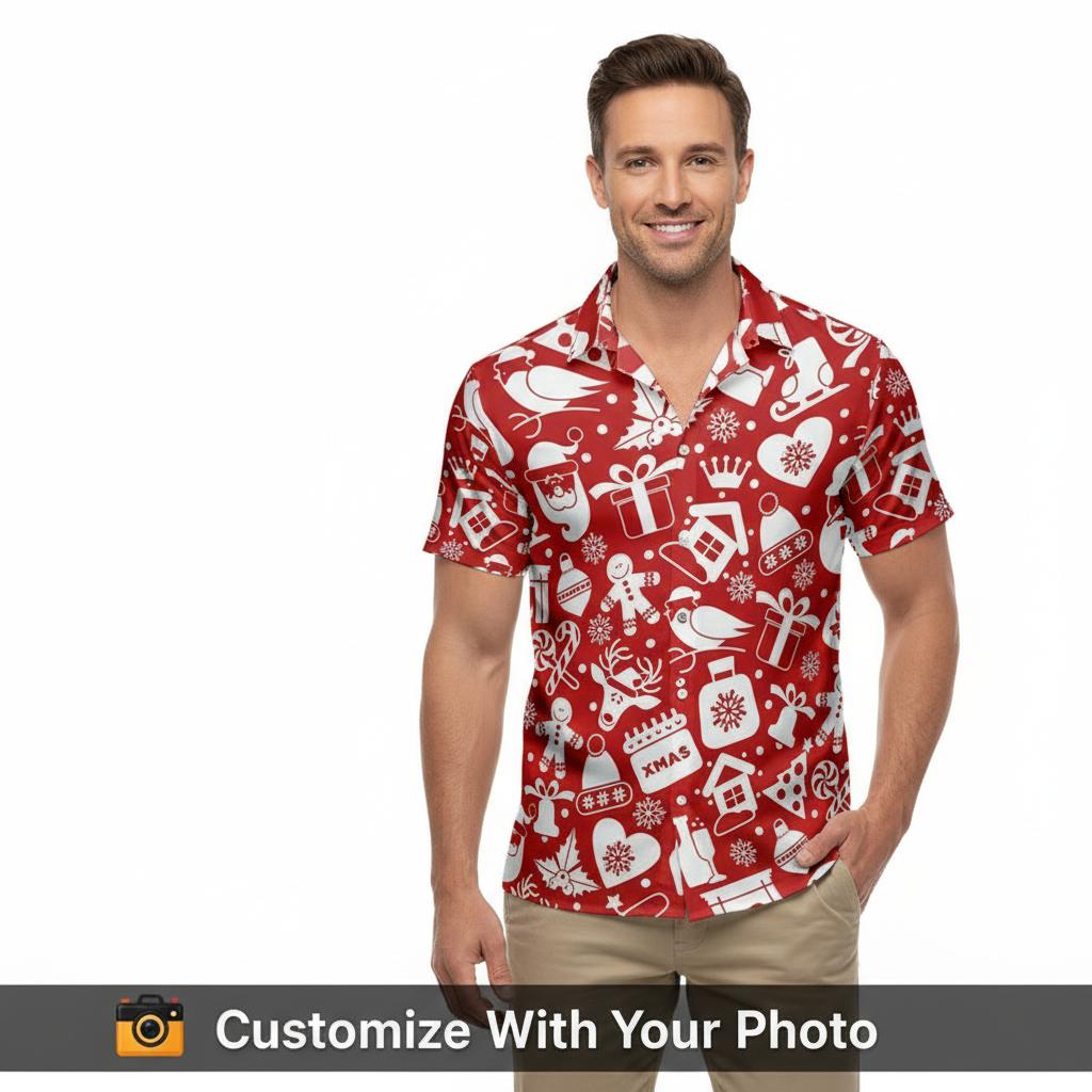 Men's red Christmas Hawaiian shirt decorated with festive stockings, snowflakes, and reindeer