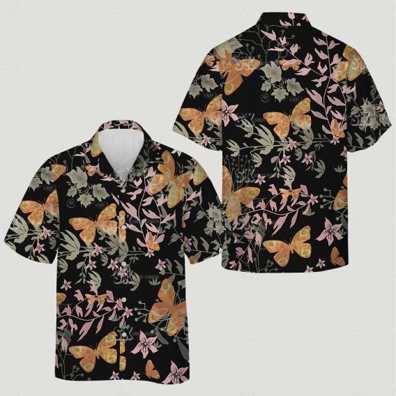 Custom hawaiian shirt with dog face, orange pink butterflies and green leaves on black background
