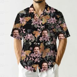 custom hawaiian shirt with dog face, man’s face, butterflies, and pink-orange florals