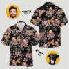 Custom hawaiian shirt with dog face, man’s face, pink flowers, green leaves, and moths
