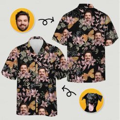 Custom hawaiian shirt with dog face, man’s face, pink flowers, green leaves, and moths