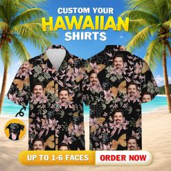 Custom hawaiian shirt with dog face, people faces, pink flowers, and butterflies
