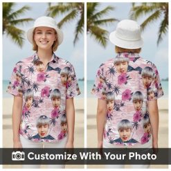 Custom Hawaiian shirt with face print for women, pink and white strokes, hibiscus, palm trees on a sandy beach at sunset
