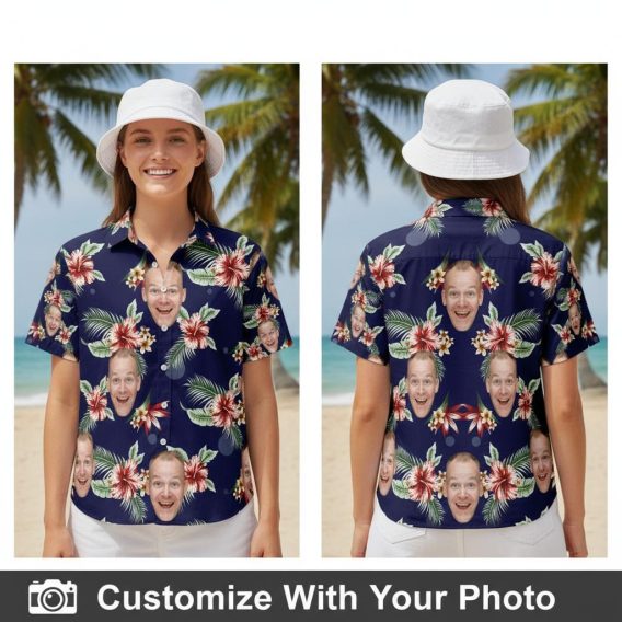 Custom Hawaiian shirt with red hibiscus, green palms, and smiling faces on women at sunset beach