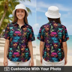 women's Hawaiian cat shirt with playful cats in sunglasses and colorful leaves outdoors