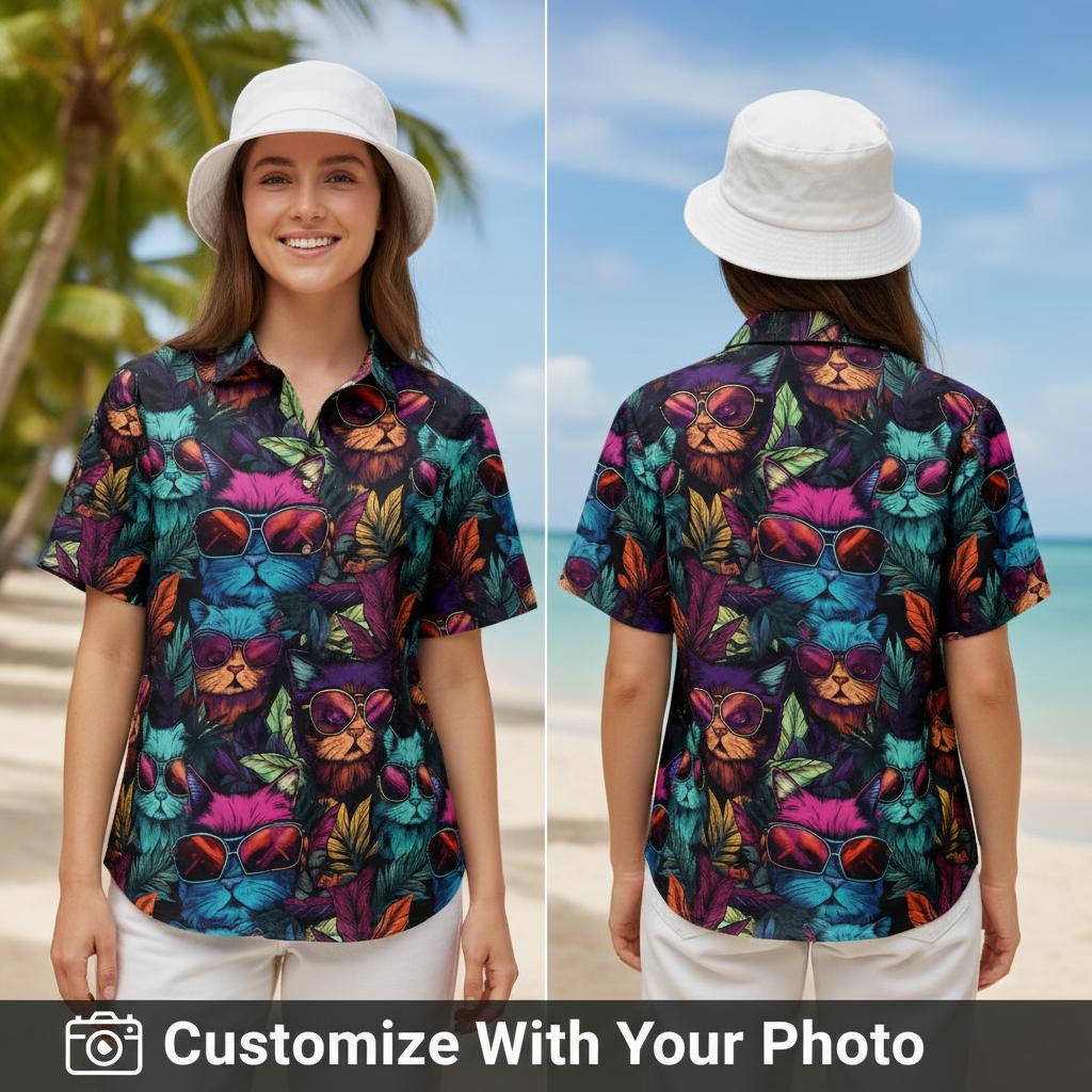 women's Hawaiian cat shirt with playful cats in sunglasses and colorful leaves outdoors