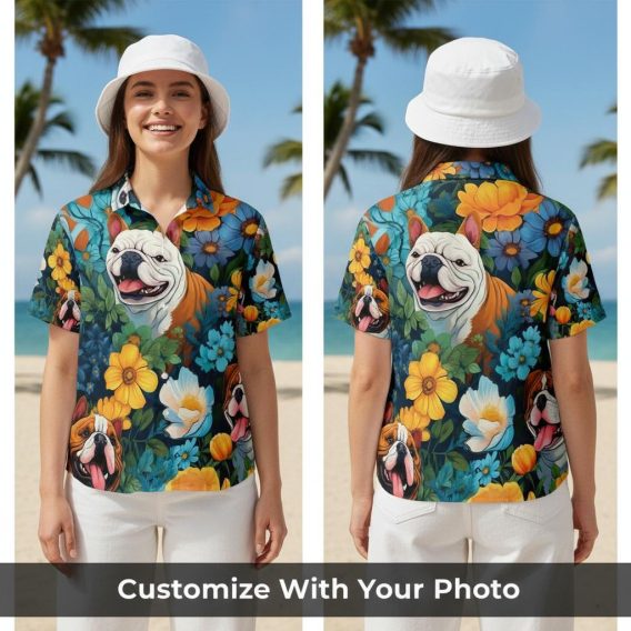 Hawaiian shirt dog print for women with playful bulldogs and bright florals on dark fabric