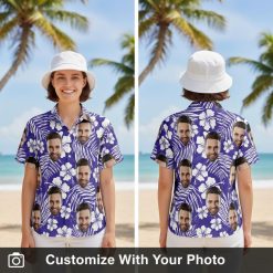 Womens Hawaiian shirt with custom face print and purple floral hibiscus design