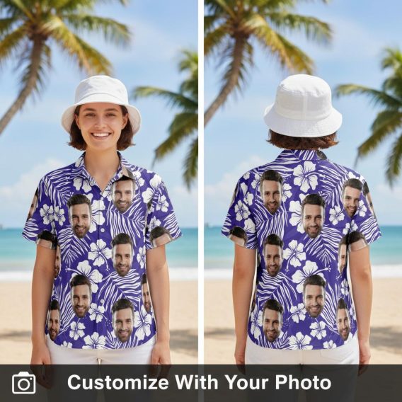 Womens Hawaiian shirt with custom face print and purple floral hibiscus design