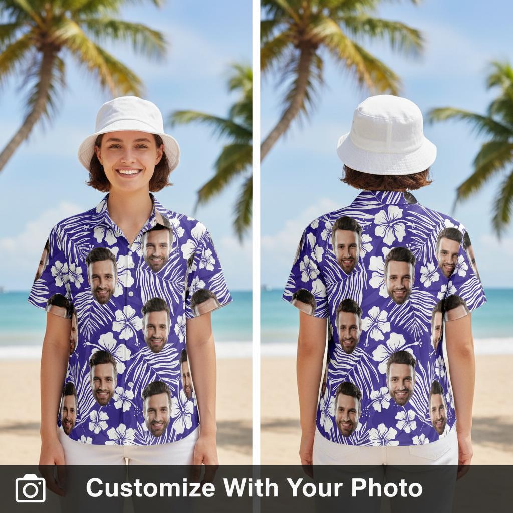 Womens Hawaiian shirt with custom face print and purple floral hibiscus design