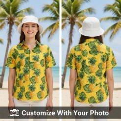 Yellow Hawaiian shirt with pineapple pattern worn by woman on beach at sunset