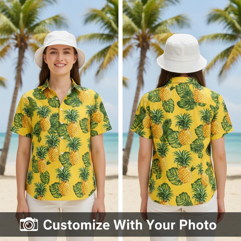 Yellow Hawaiian shirt with pineapple pattern worn by woman on beach at sunset