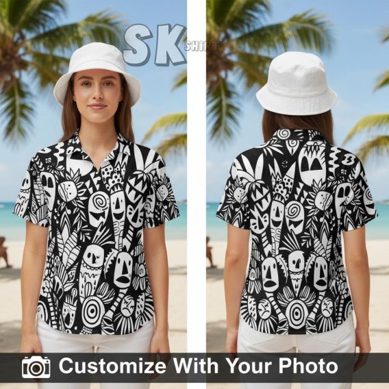 Black and white Hawaiian shirt with tribal face patterns styled by a woman on a city street