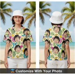 Children's Hawaiian shirt with custom faces, flamingos, and citrus, worn by a woman on the beach at sunset