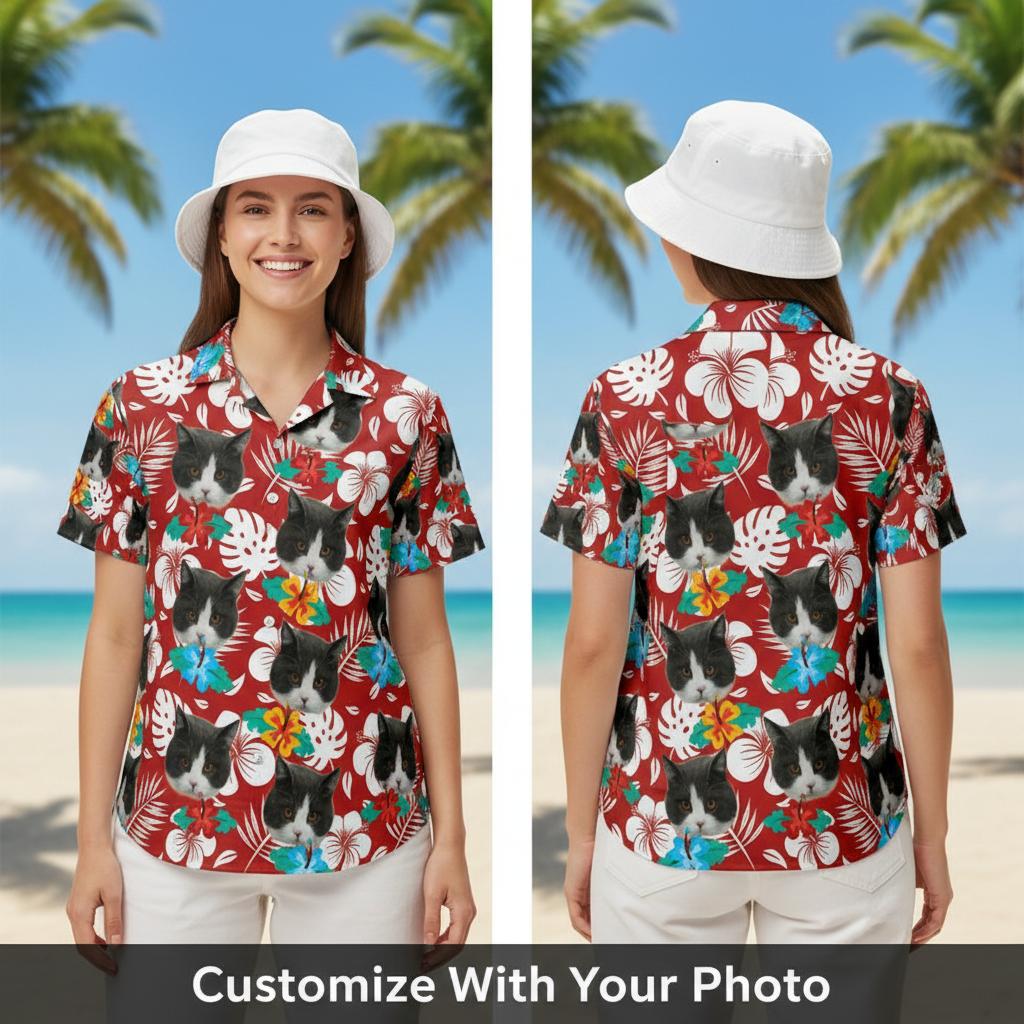 Personalized cat Hawaiian shirt with red background, colorful flowers, cat faces, worn by woman