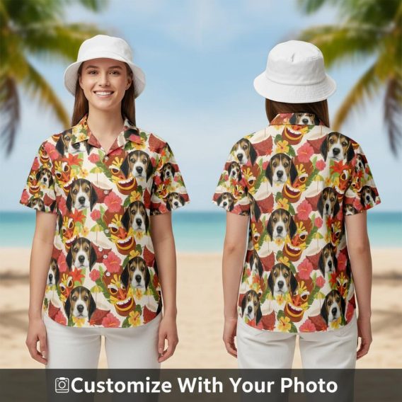 Personalized dog Hawaiian shirt for women with red, green, yellow flowers and playful dog faces