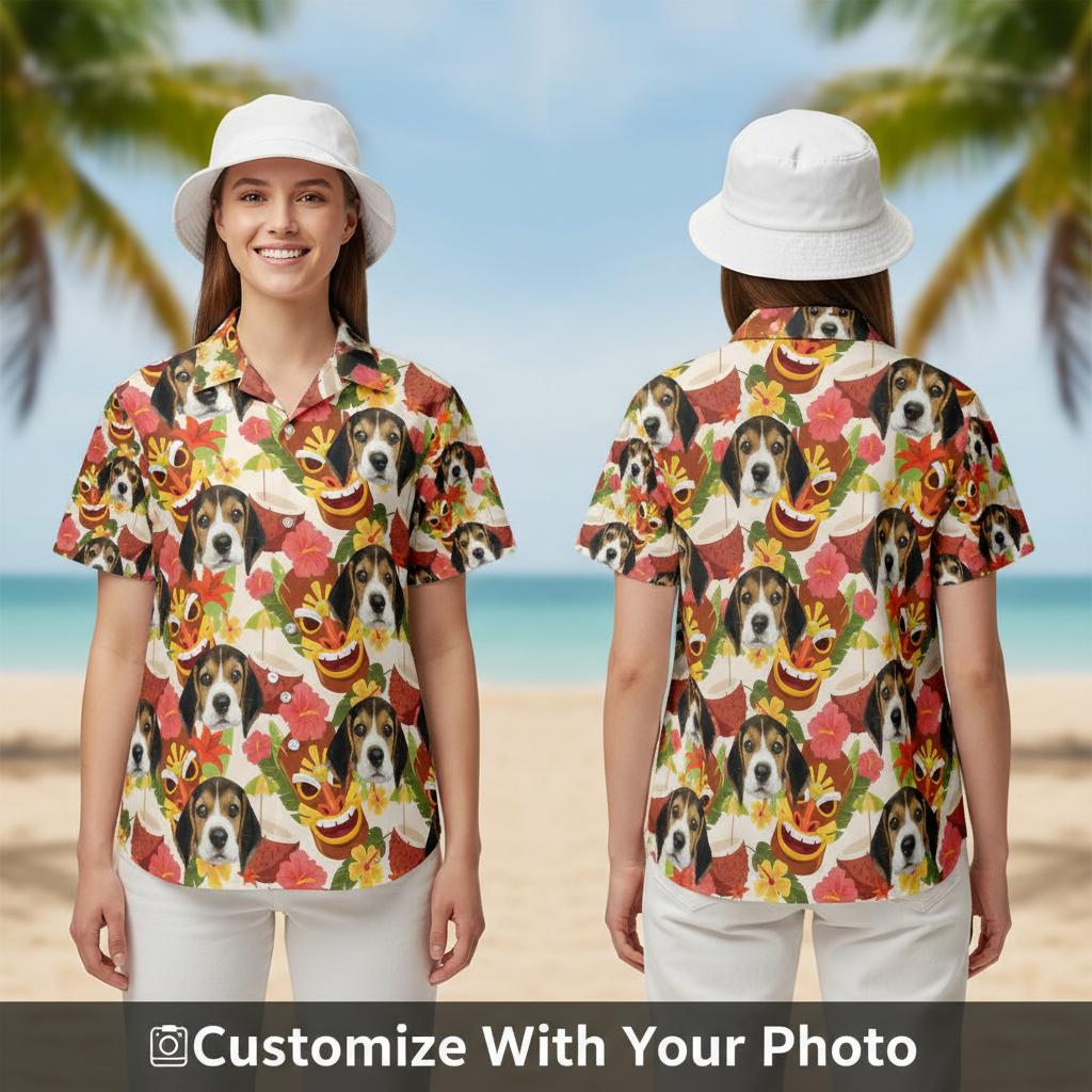 Personalized dog Hawaiian shirt for women with red, green, yellow flowers and playful dog faces