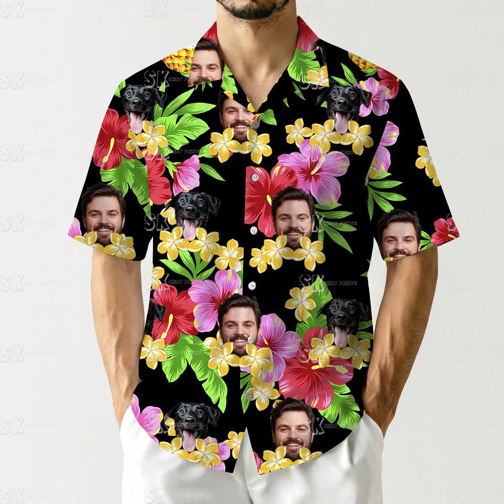 Custom hawaiian shirts with dog, man and dog face, hibiscus flowers