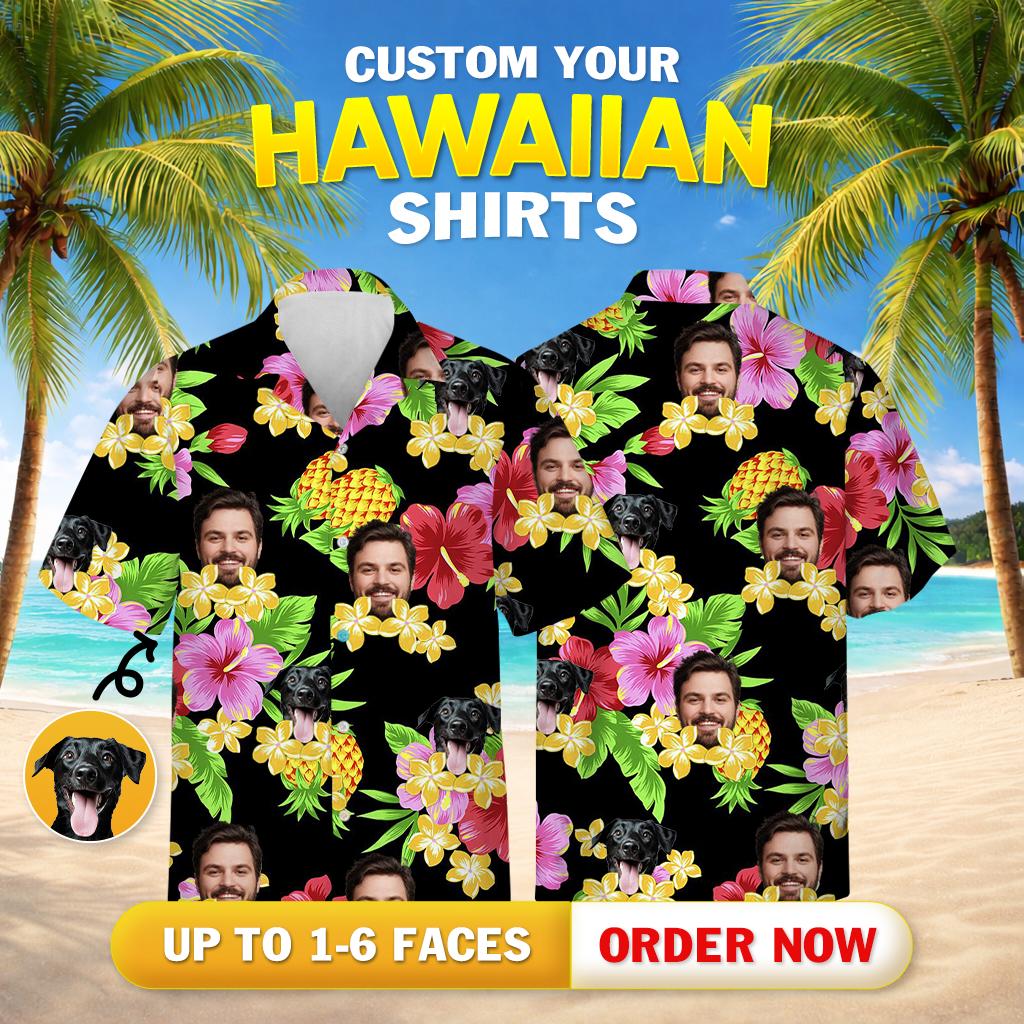 Custom Hawaiian shirts with dog and tropical flowers on black background