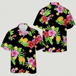 Custom hawaiian shirts with dog, hibiscus and plumeria flowers, pineapples
