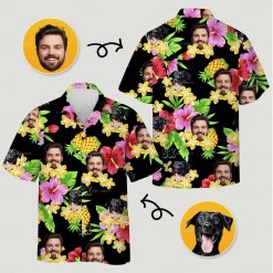 Custom Hawaiian shirts with dog, hibiscus, plumeria, pineapples, faces