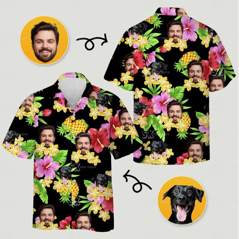 Custom Hawaiian Shirts Dog Faces — Tropical Hibiscus Pineapple Pattern
