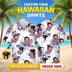 Dog Hawaiian shirt custom design with pink flowers, green leaves, and dog face pattern