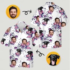 Dog Hawaiian shirt custom design with dog face, man’s face, pink and purple leaf print
