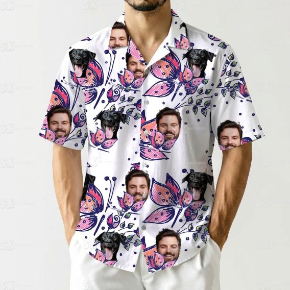 dog hawaiian shirt custom with bold flowers and faces in purple and pink design