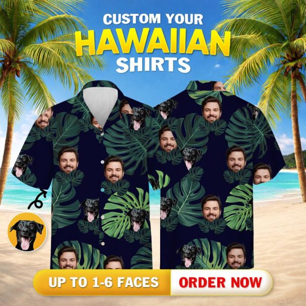 Dog on Hawaiian shirt with green monstera leaves and man face on dark background