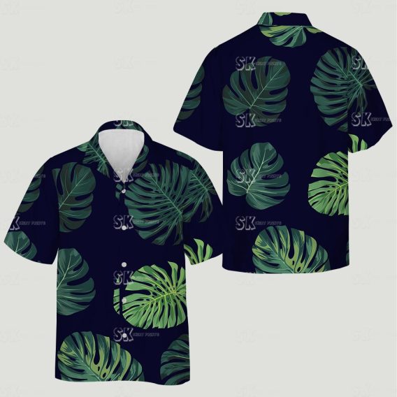 Dog on Hawaiian shirt with large green tropical leaves and detailed dark background