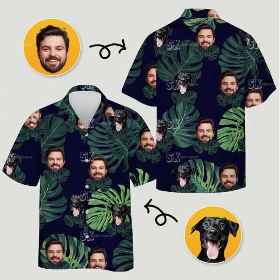 Dog on Hawaiian shirt with green tropical leaves and dog faces against a dark background