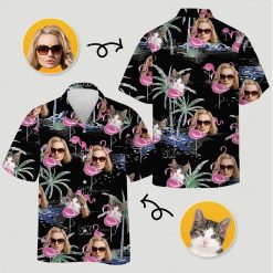 Flamingo hawaiian shirt with pink flamingos, palm trees, a woman and cat's face, black background