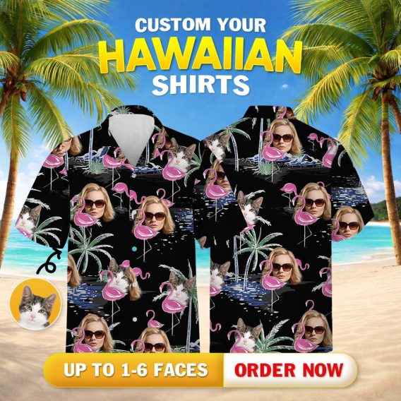 Flamingo hawaiian shirt with pink flamingos, cat and person faces, palm trees, and water reflections