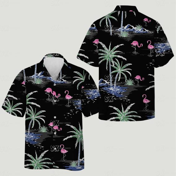 Flamingo hawaiian shirt with pink flamingos, green palm trees, and blue water on a black background